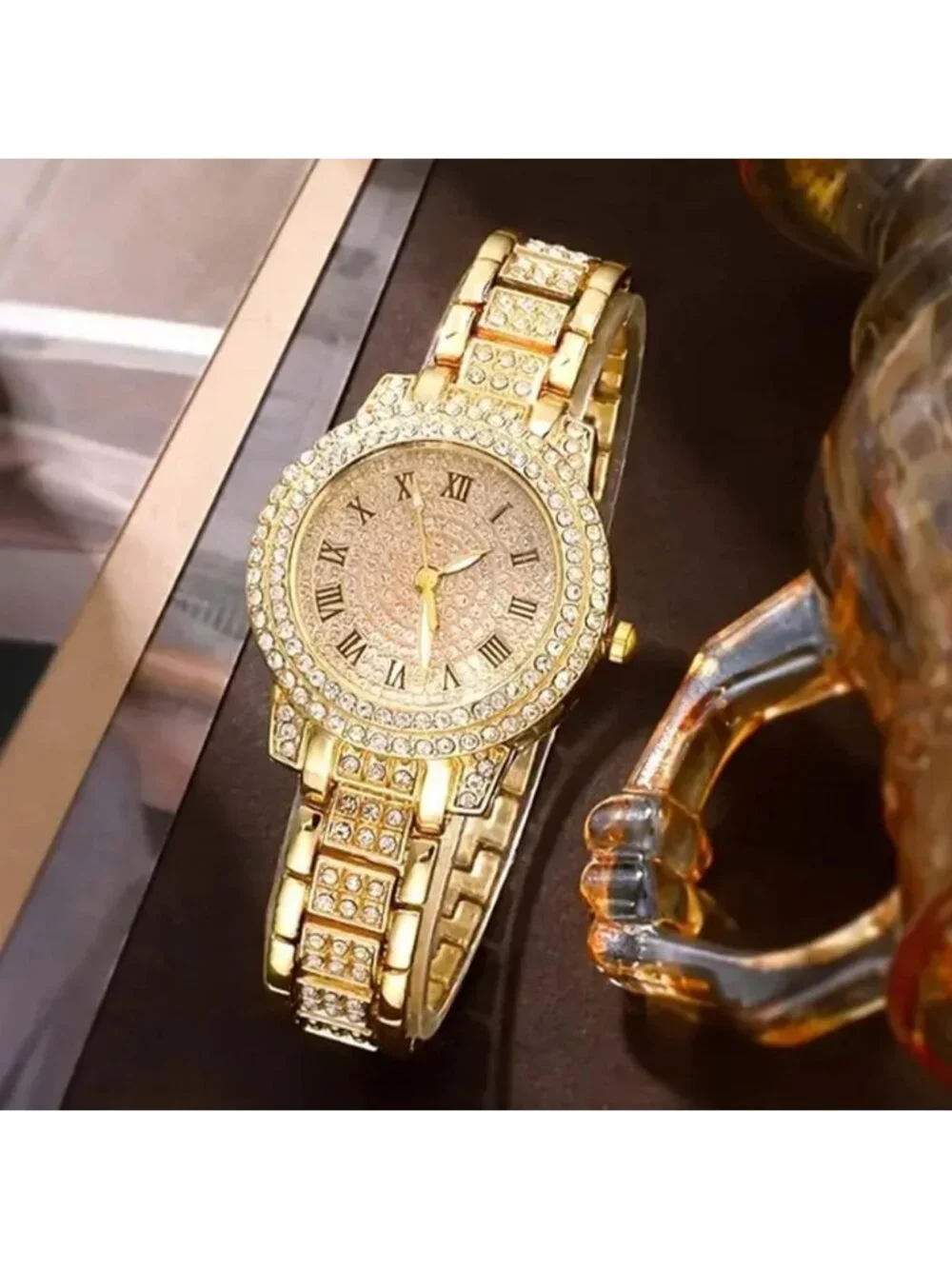 Women's Gold Luxury Full Diamond Bling Rhinestone Quartz Crystal Wrist Watches